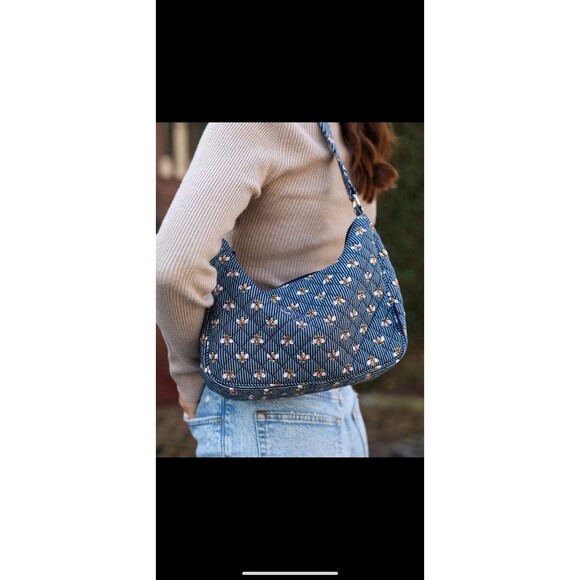 Vera Bradley Frannie Crescent Bag Navy Blue Bee Striped Pattern Quilted Cotton - Picture 1 of 12